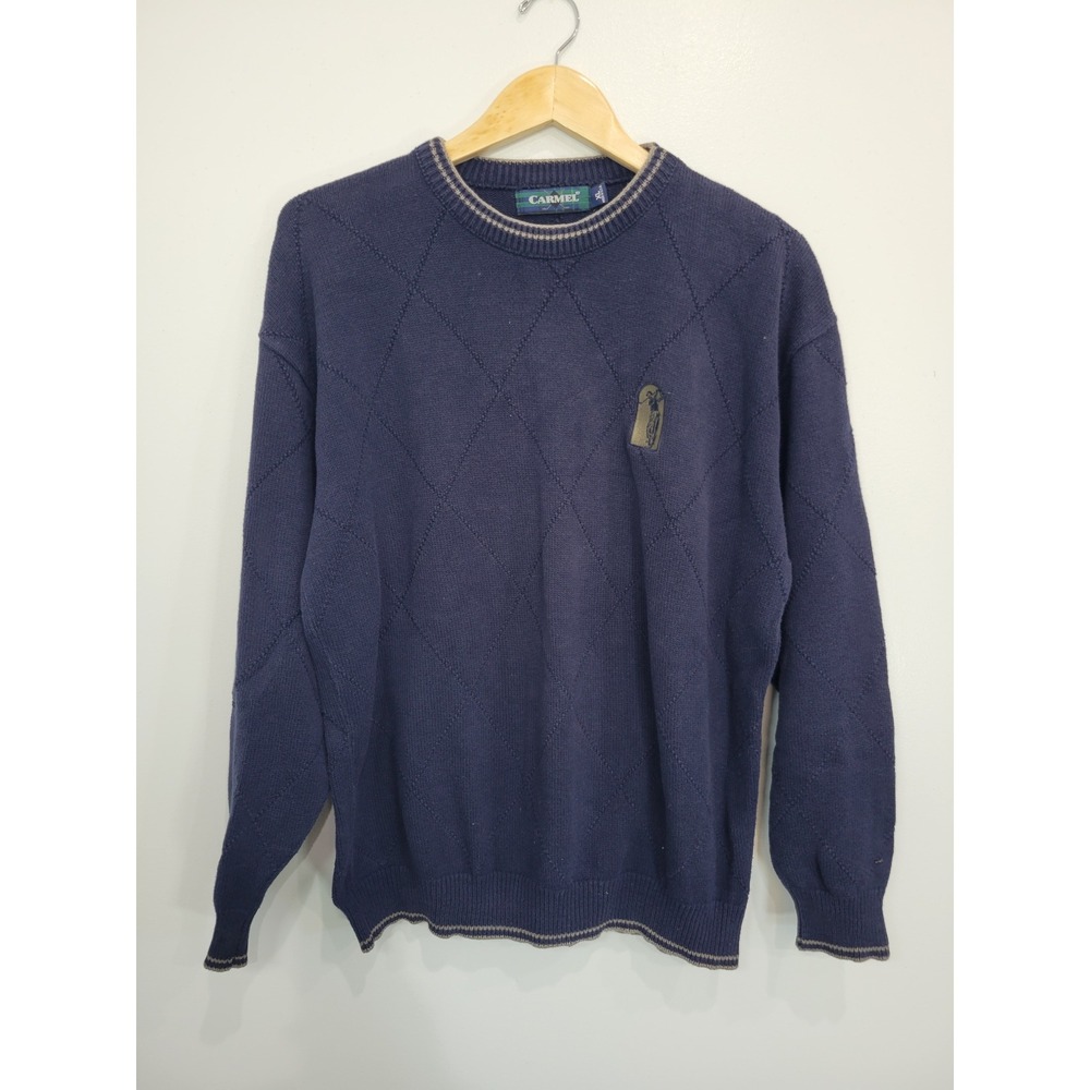 VTG CARMEL Mens Navy Blue‎ Argyle Golf Embroidered Long Sleeve Sweater XL USA